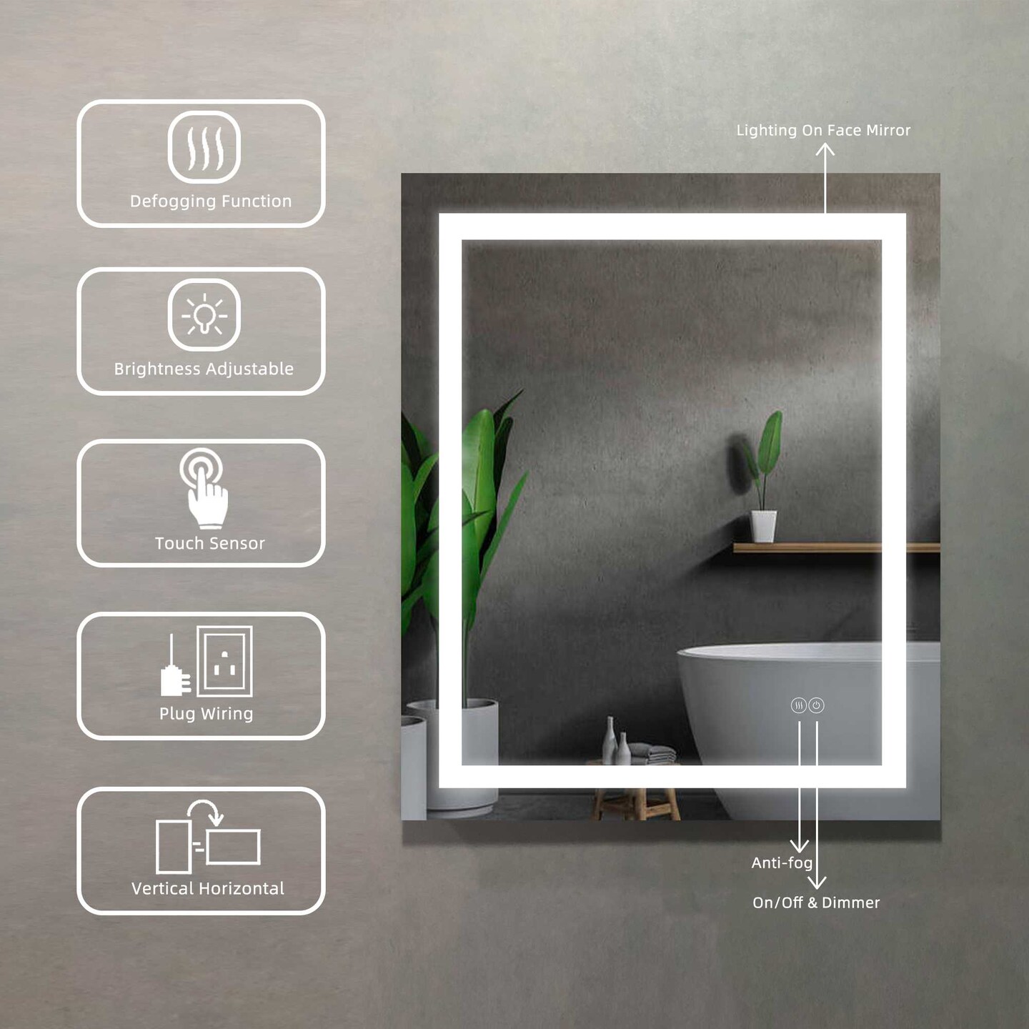 Superior Rectangular Frameless Anti-Fog Wall Bathroom Vanity Mirror in Silver