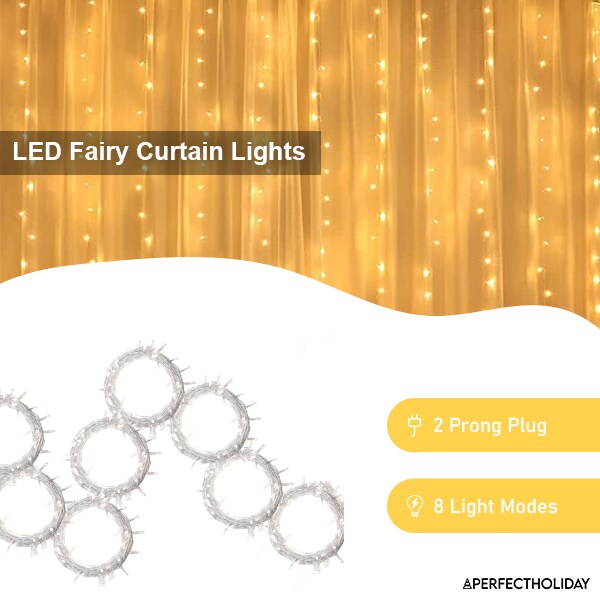 Perfect Holiday 300 LED Curtain String Lights Plug In - 8 Light Modes - Remote Control Included
