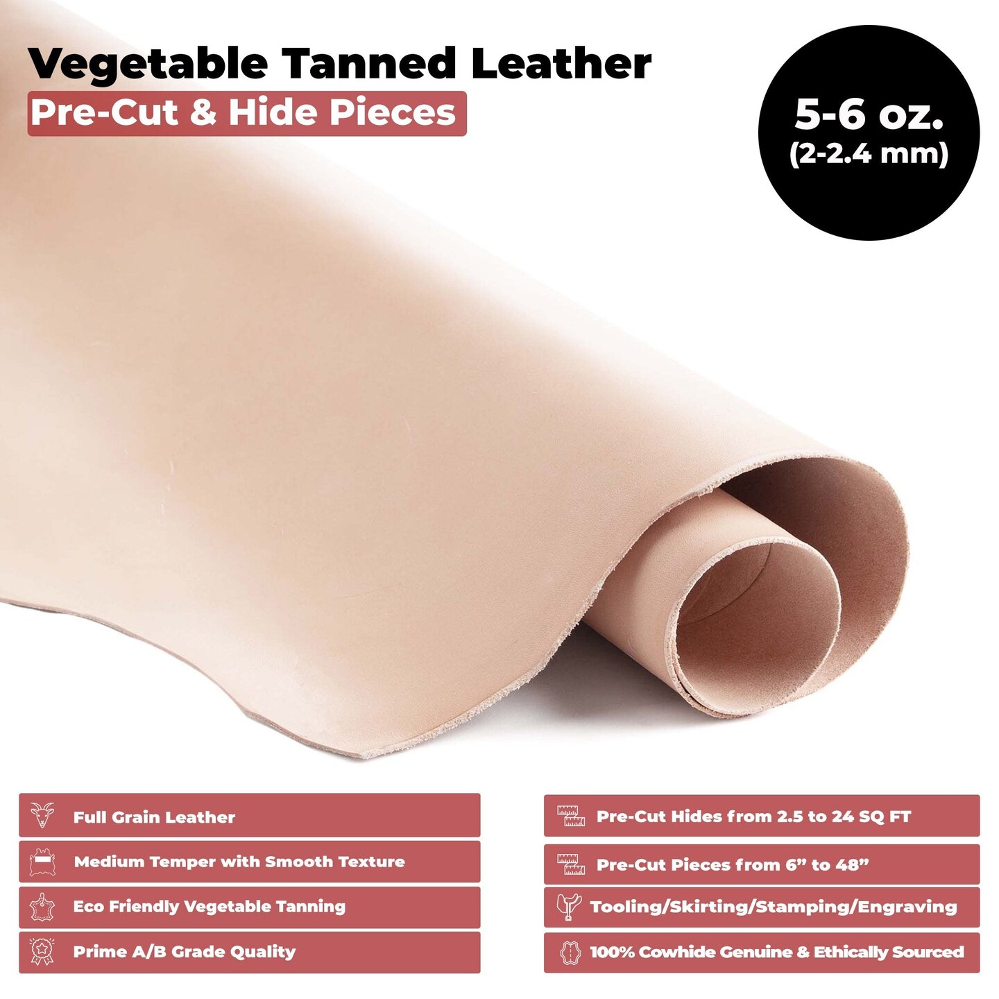 European Leather Work 5-6 oz. (2-2.4mm) Vegetable Tanned Leather Pre-Cut Full Grain Cowhide Leathercraft for Tooling, Engraving, Carving, Molding, Embossing, Stamping, &#x26; Dyeing