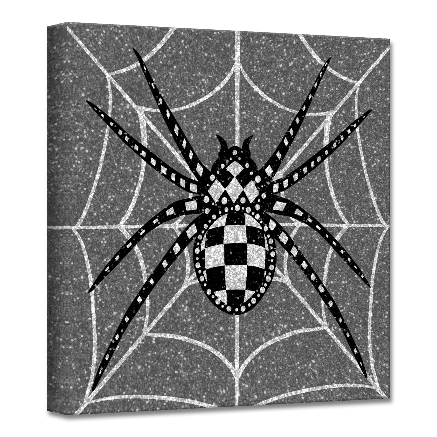 Crafted Creations Black and White Glamoween Spider II Square Canvas Halloween Wall Art Decor 12&#x22; x 12&#x22;