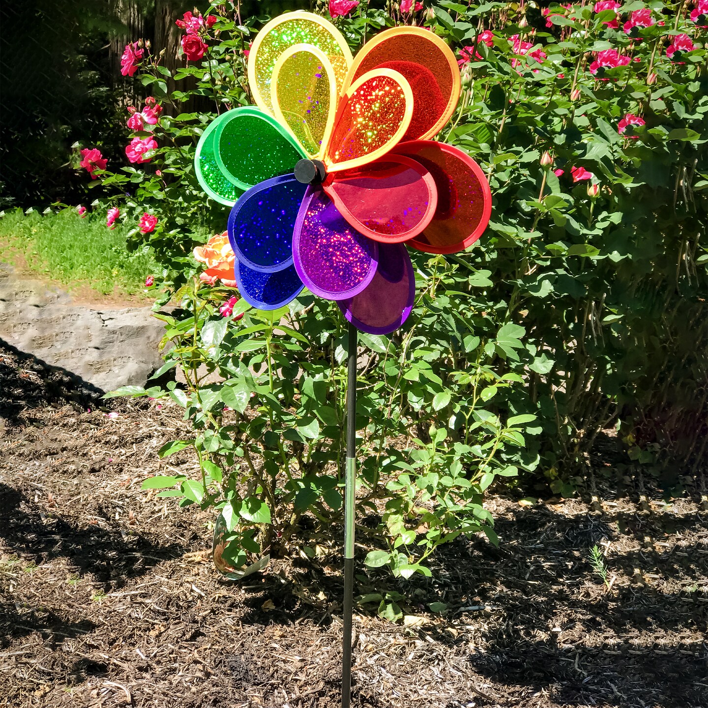 In the Breeze Mylar Rainbow Sparkle Double Flower Spinner - Colorful and Sparkly Wind Spinner for your Yard and Garden
