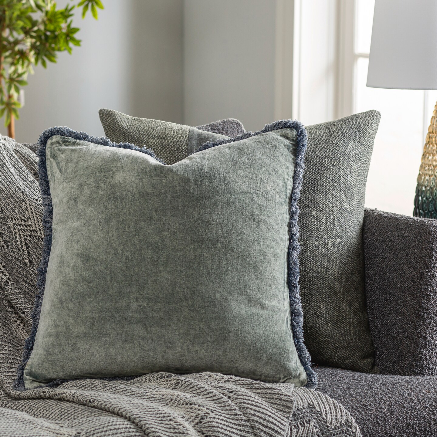 Tiwari Home 20&#x22; Gray Solid Velveteen Square Throw Pillow Cover with Fringe Edge
