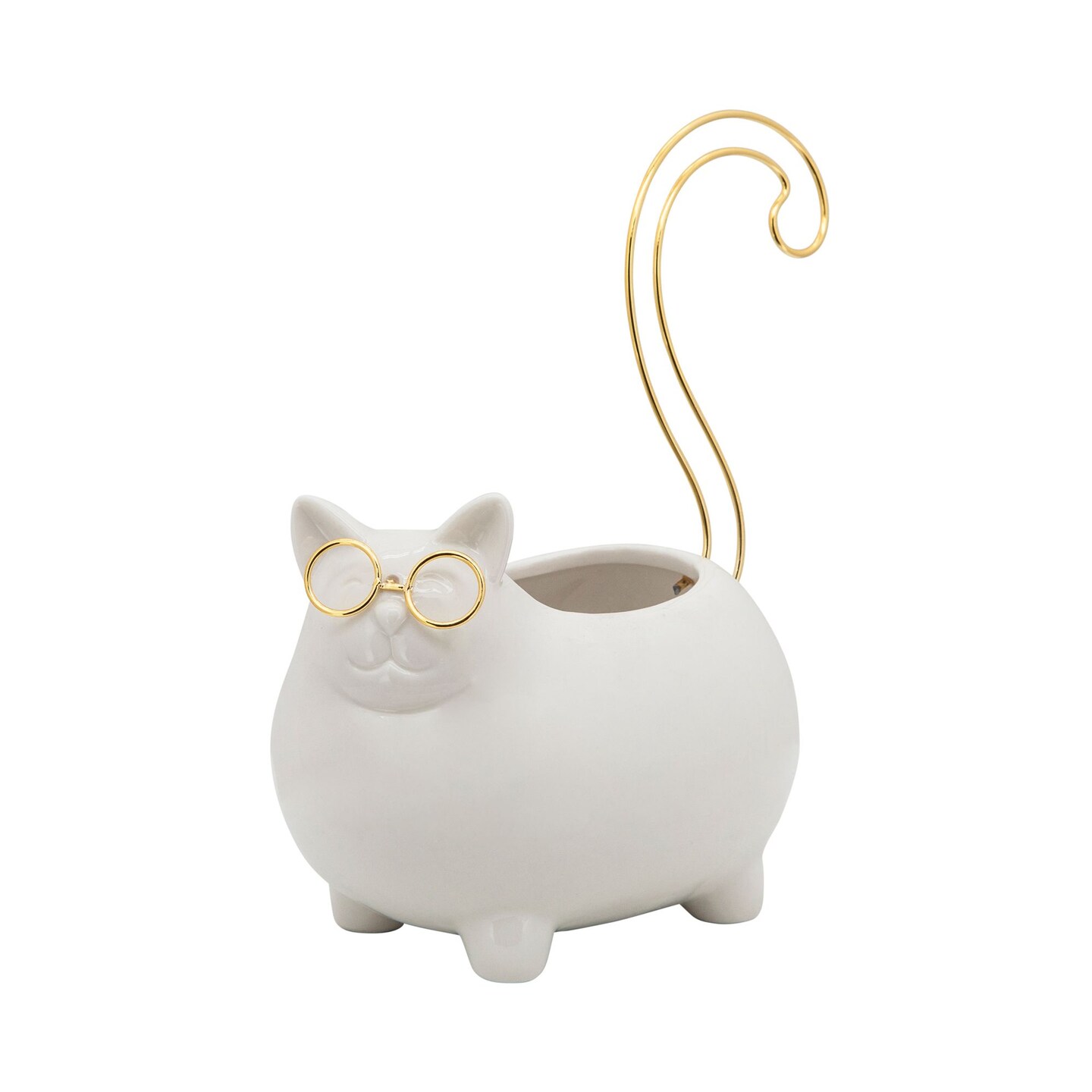 Kingston Living 8&#x22; White and Gold Kitty Shaped Ceramic Trinket Tray