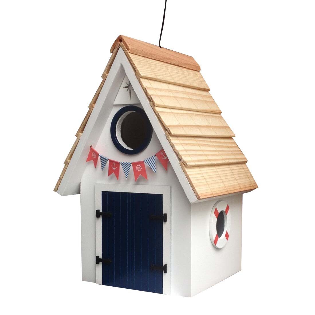 CC Outdoor Living 8.25&#x201D; Fully Functional White and Navy Dockside Cabin Outdoor Garden Birdhouse