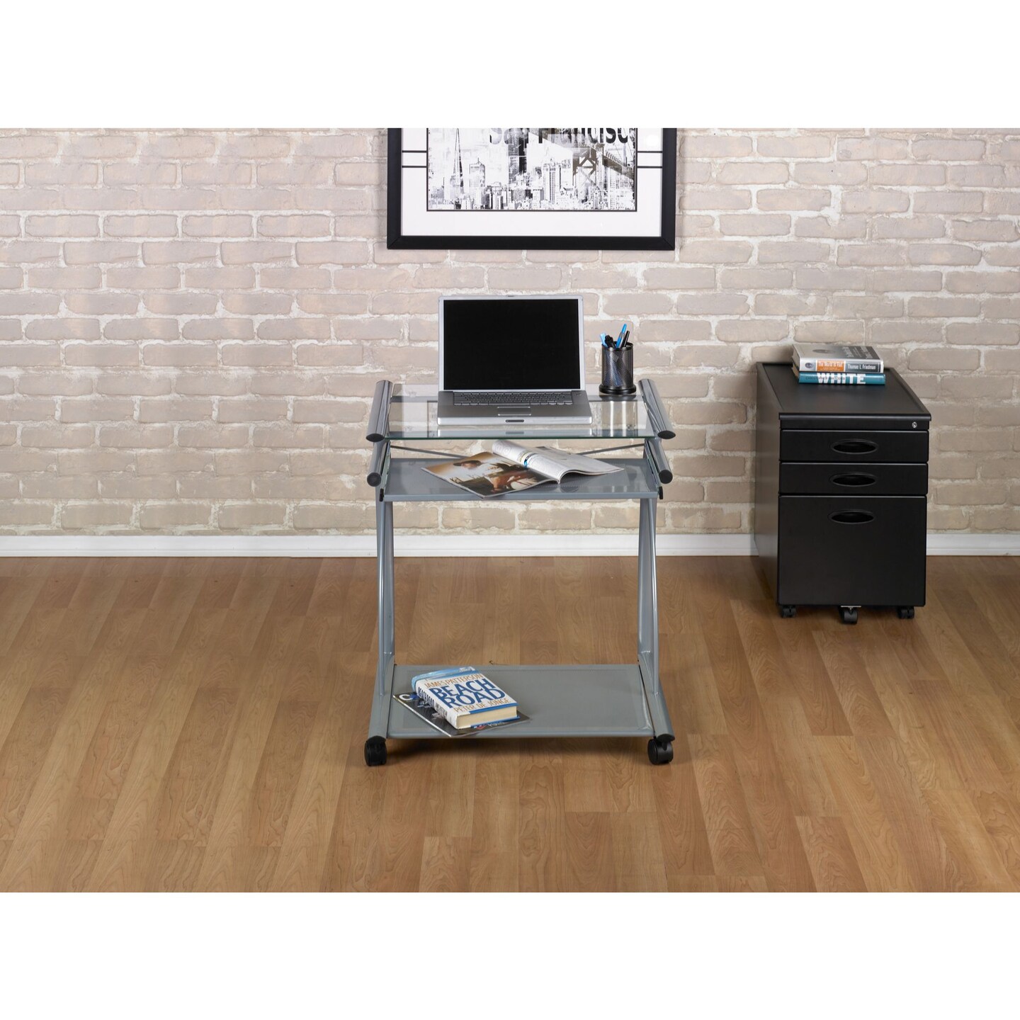 L Cart Compact Computer Cart with Storage and Keyboard Shelf - Silver / Clear Glass