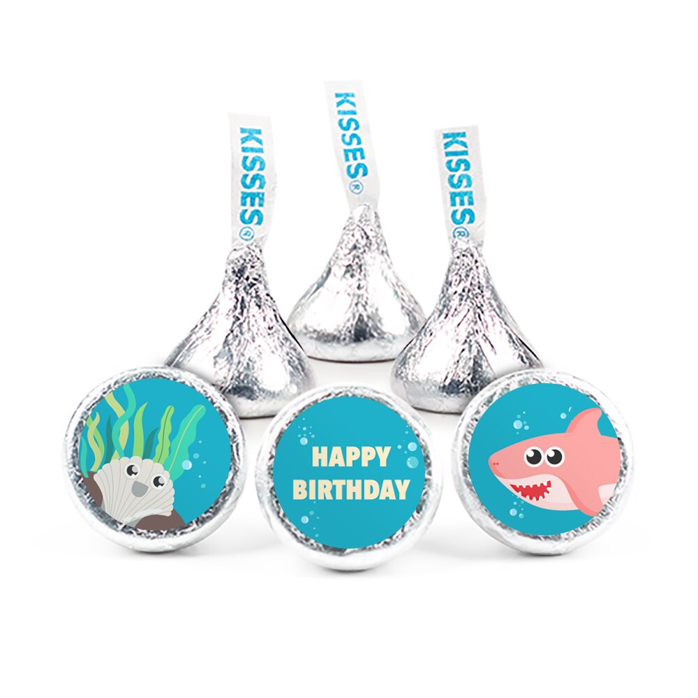 100 Pcs Pink Shark Kid&#x27;s Birthday Candy Party Favors Hershey&#x27;s Kisses Milk Chocolate (1lb, Approx. 100 Pcs) - No Assembly Required - By Just Candy