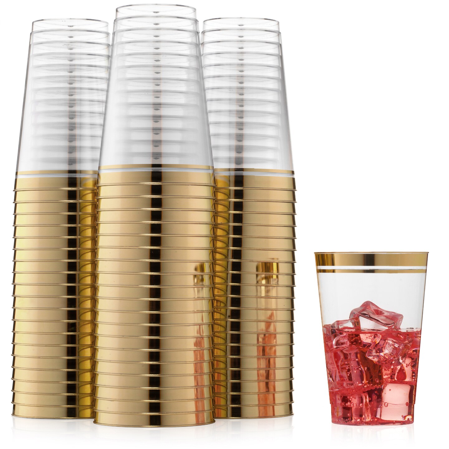 100 Pk 12 oz Clear Plastic Cups | Gold Rimmed Disposable Cups
