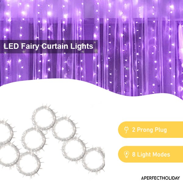 Perfect Holiday 300 LED Curtain String Lights Plug In - 8 Light Modes