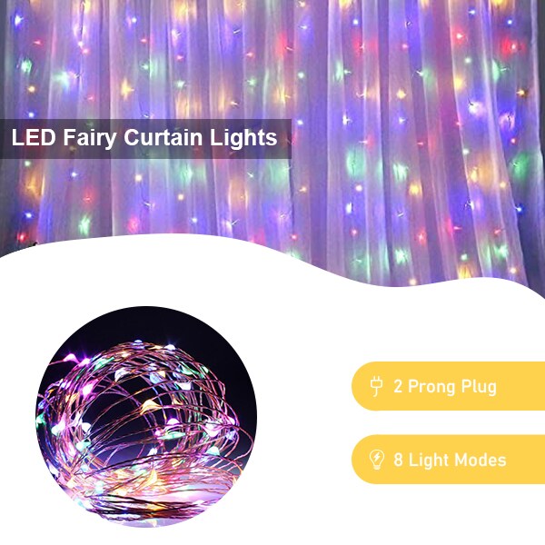 Perfect Holiday 300 LED Curtain Lights Plug In With 8 Light Modes - Copper Wire