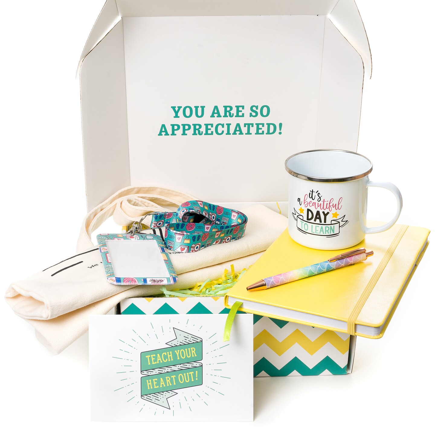 Mabie Swan - Best Teacher Gift Box, Six Elegant Pieces - 12oz Natural Canvas Cotton Tote, 12oz Enamel Mug, PU Leather Notebook, Ballpoint Pen, ID Card Holder, with "Thank You" Card Teacher Gift Set