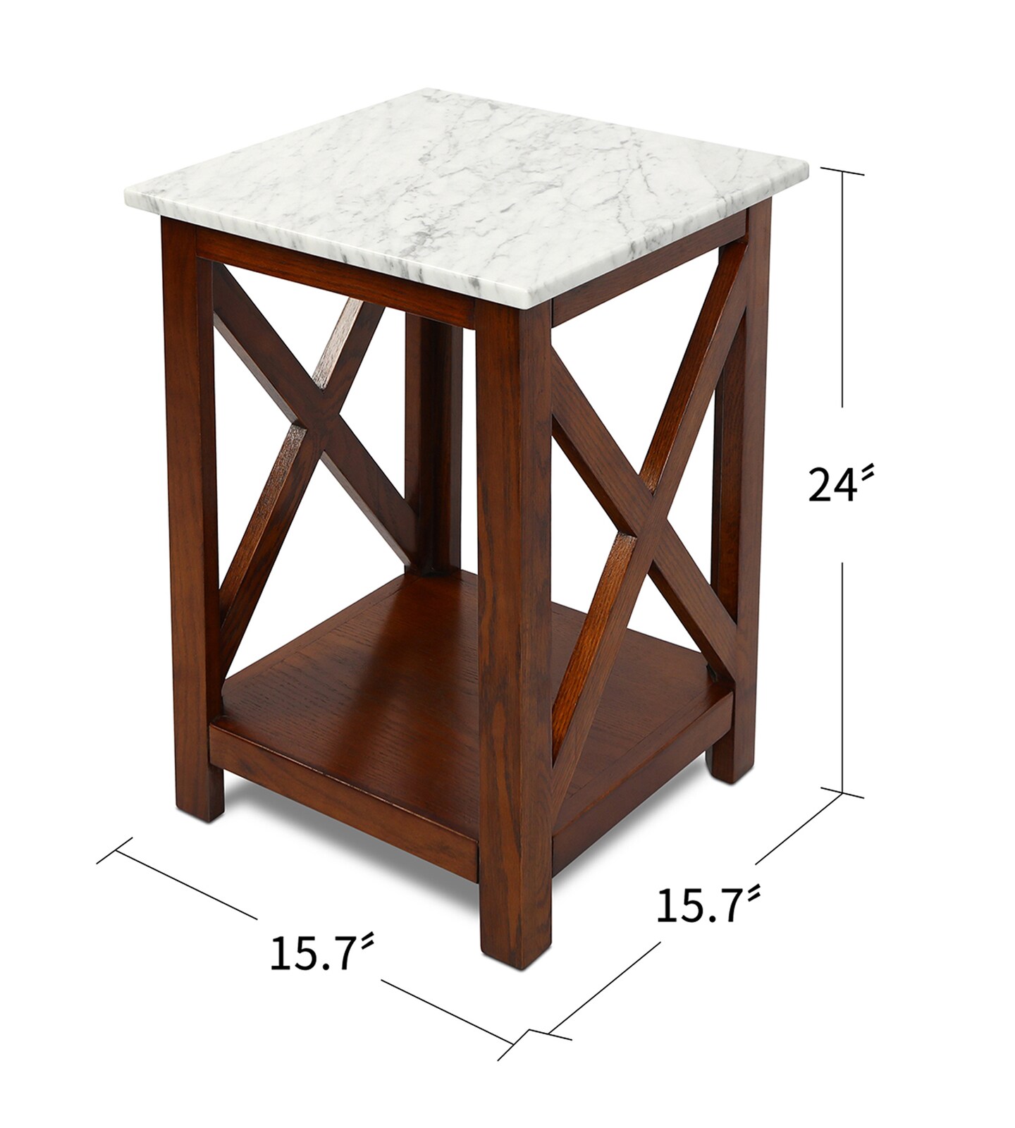 Agatha 15&#x22; Square Italian Carrara White Marble Side Table with walnut color solid wood Legs