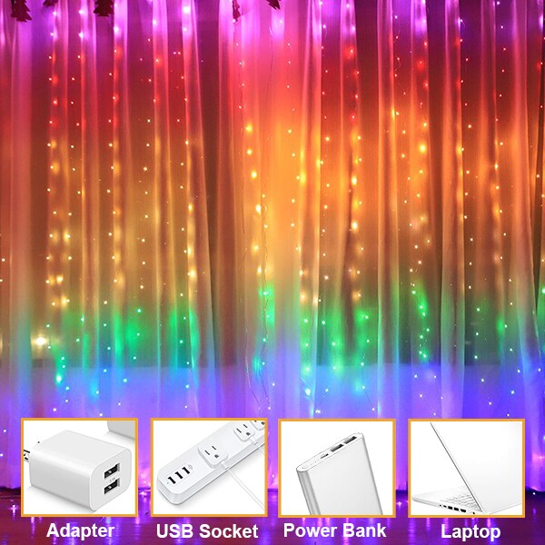 Perfect Holiday 300 LED USB Fairy Curtain Light With Remote - 8 Light Modes