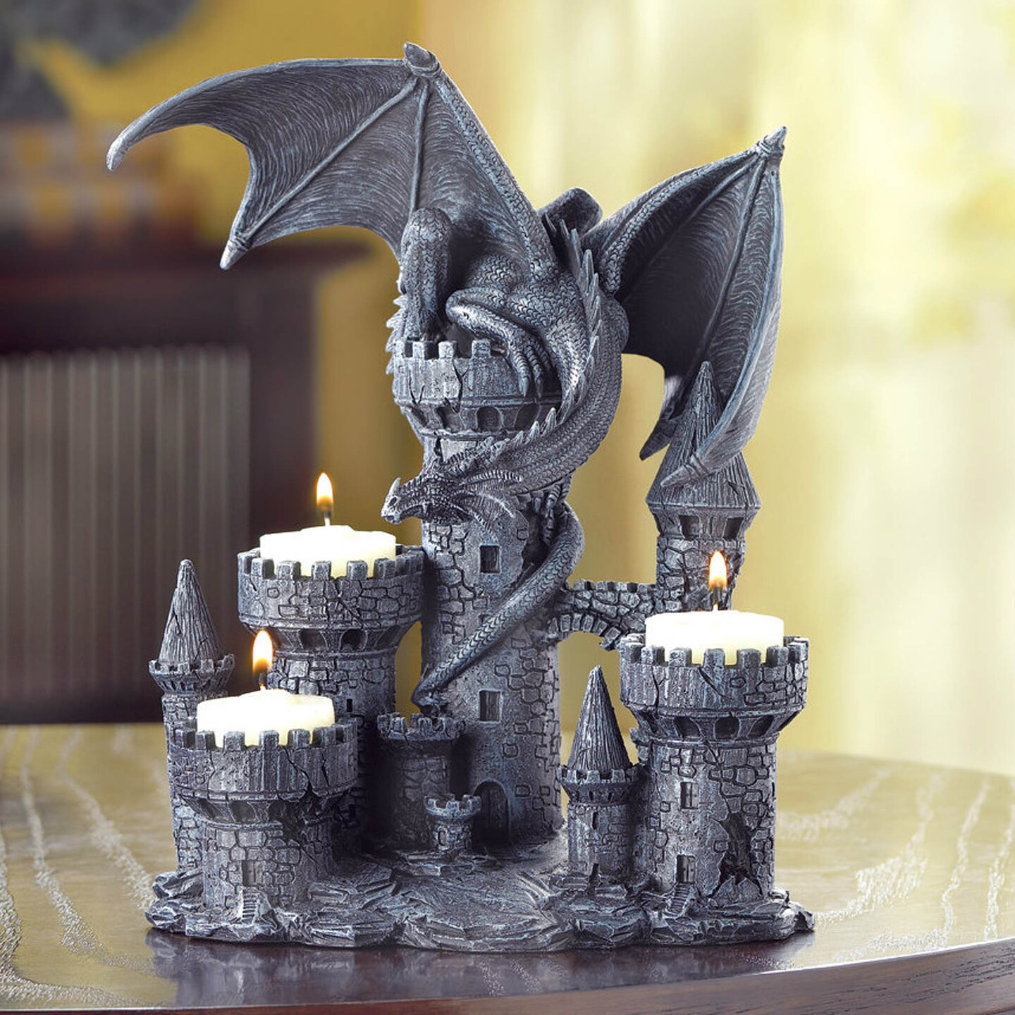 Dragon Crest Home Decorative Dragon and Castle Candle Holder
