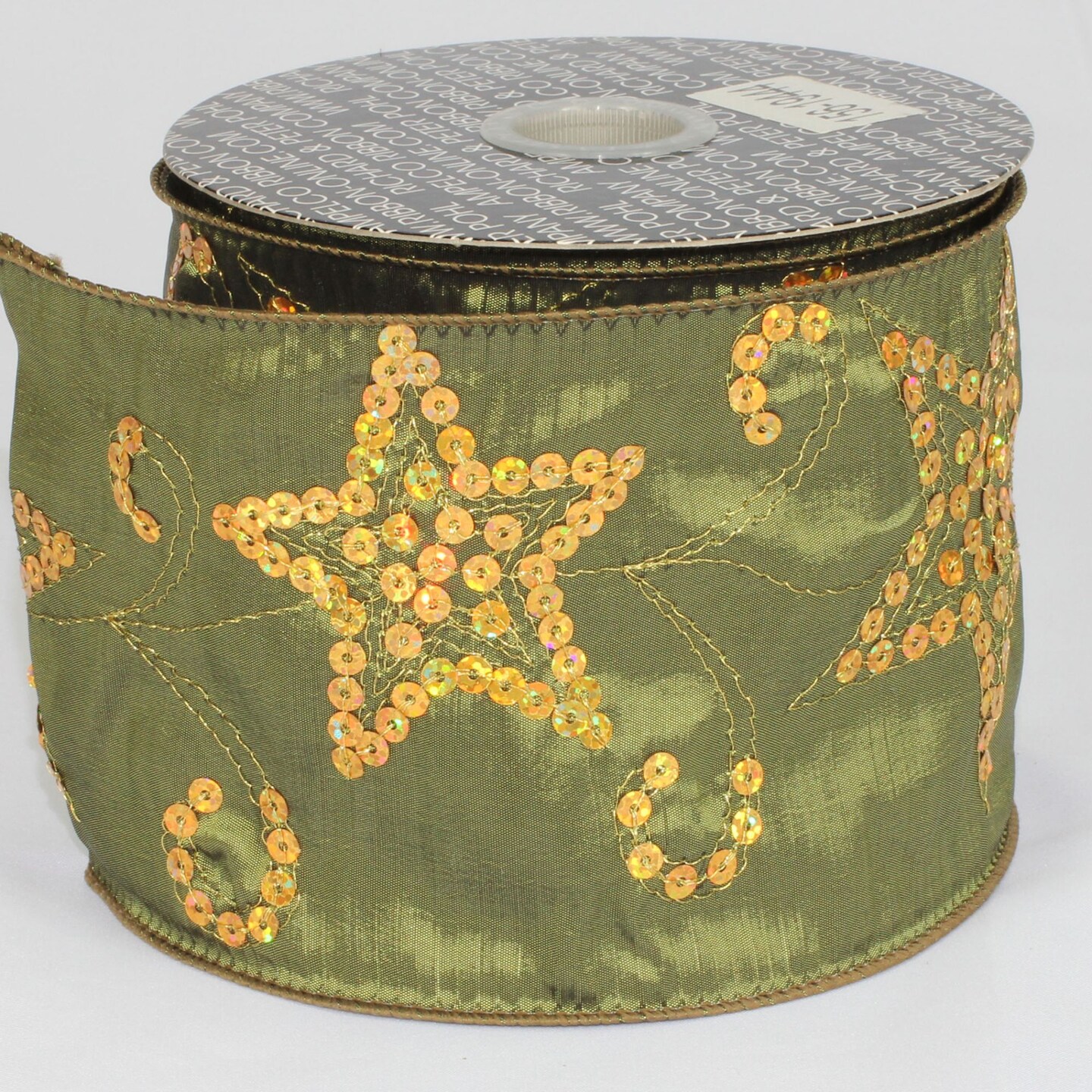 The Ribbon People Green and Gold Sequined Stars Wired Craft Ribbon 4&#x22; x 20 Yards