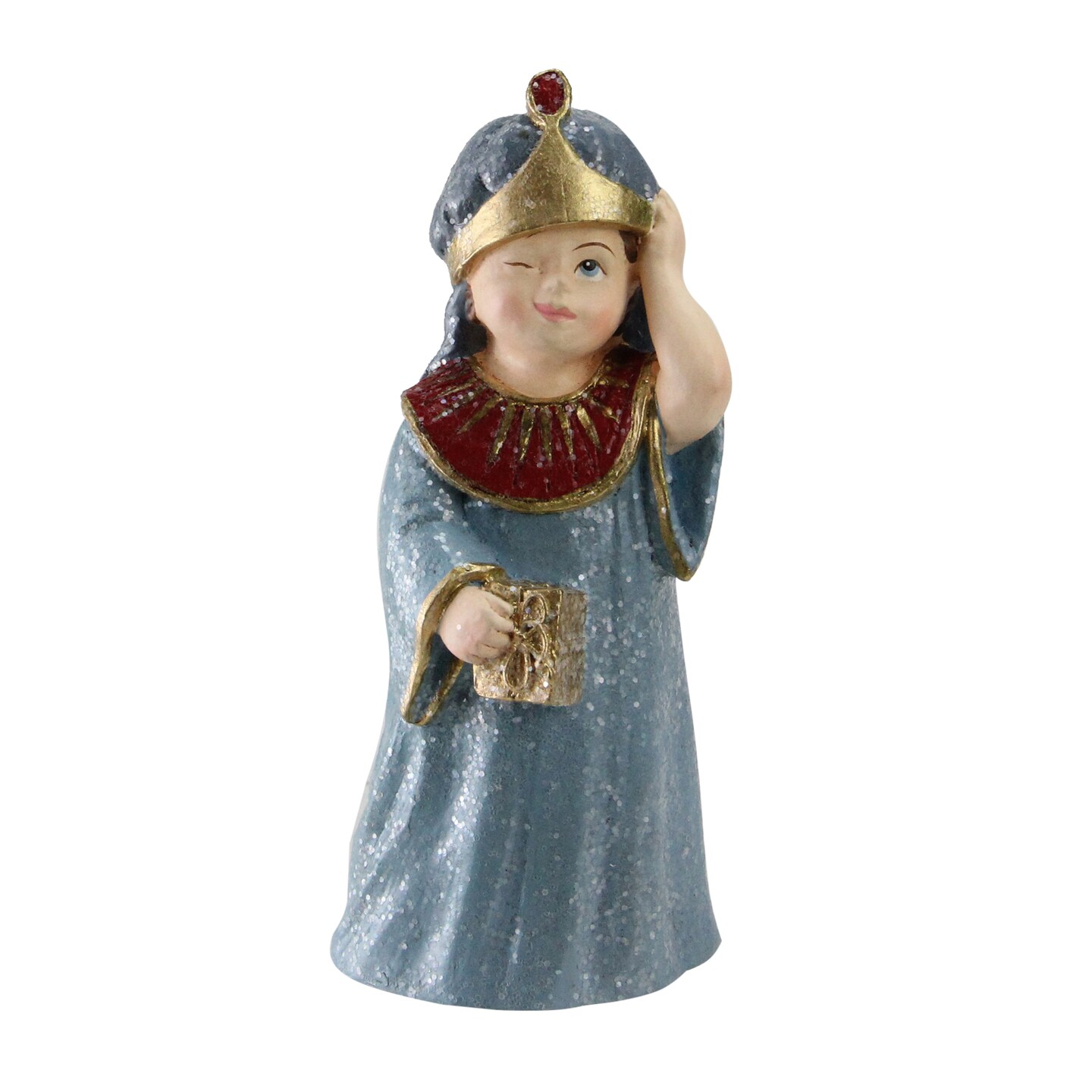 CC Home Furnishings 5.5" Gray and Gold Glittered Wise-Man Child with Present Christmas Nativity Figurine