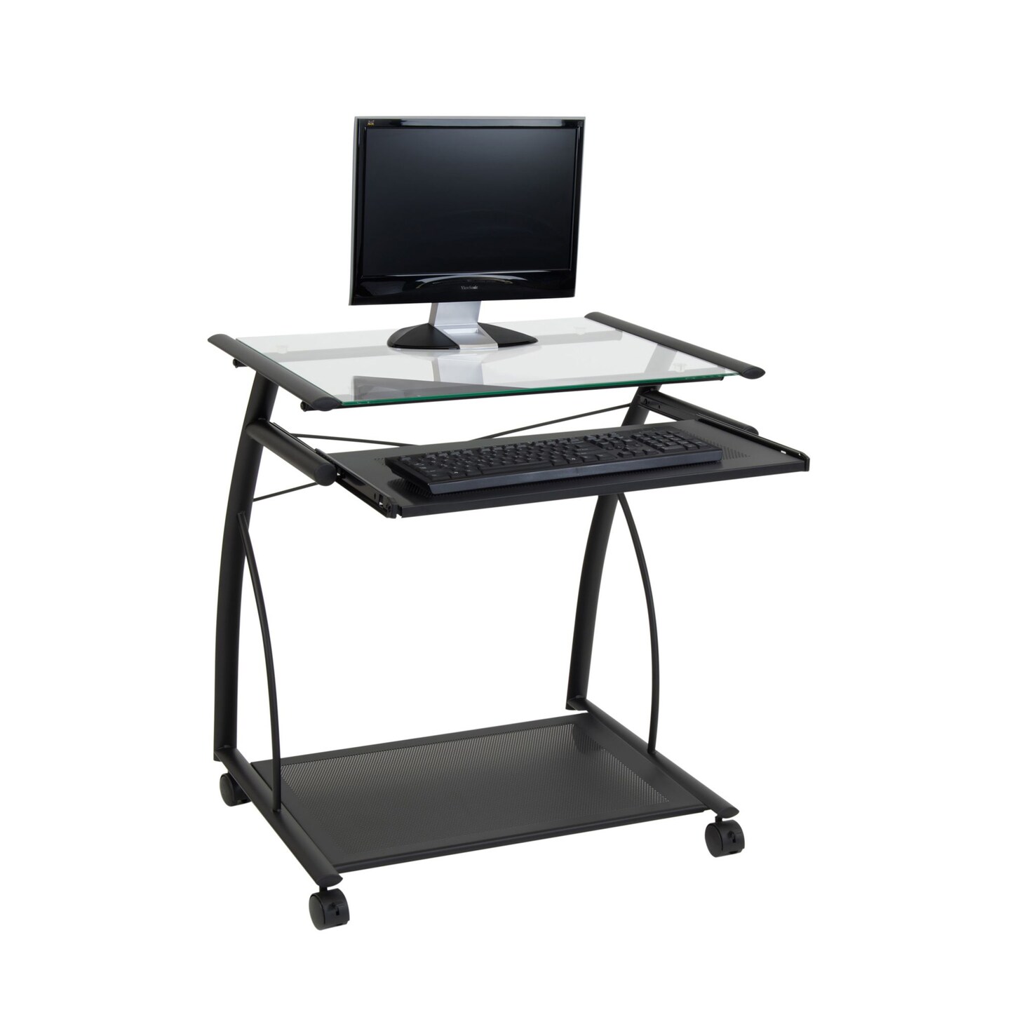 L Cart Compact Computer Cart with Storage and Keyboard Shelf - Black / Clear Glass