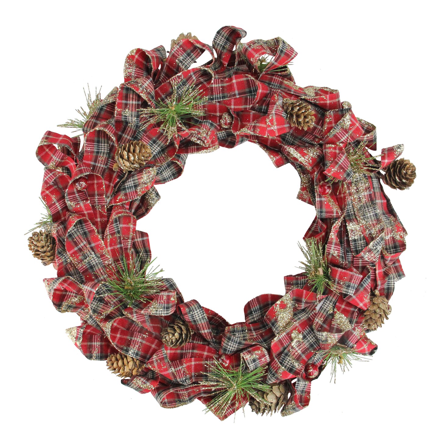 Northlight Red Plaid Bows and Pine Cones Artificial Christmas Wreath, 14.25-Inch, Unlit