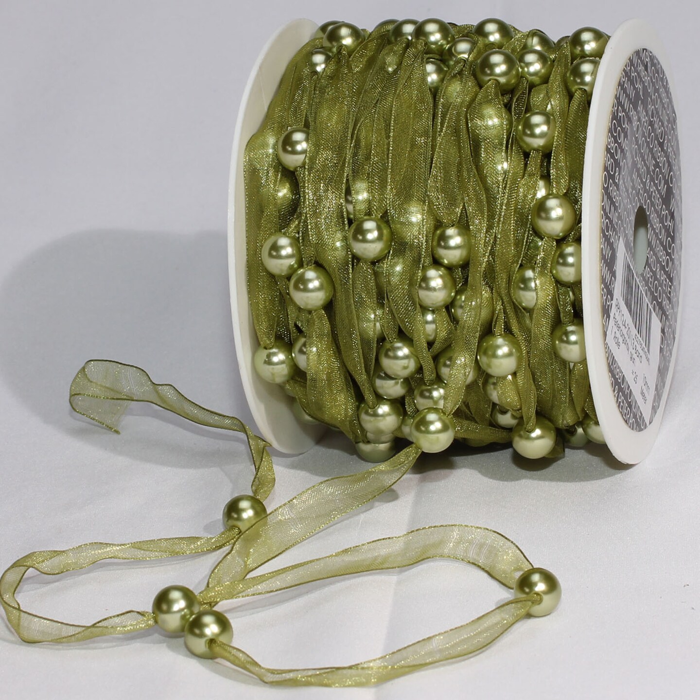The Ribbon People Green Narrow Organdy Contemporary Craft Ribbon with Pearls 9.5mm x 27 Yards
