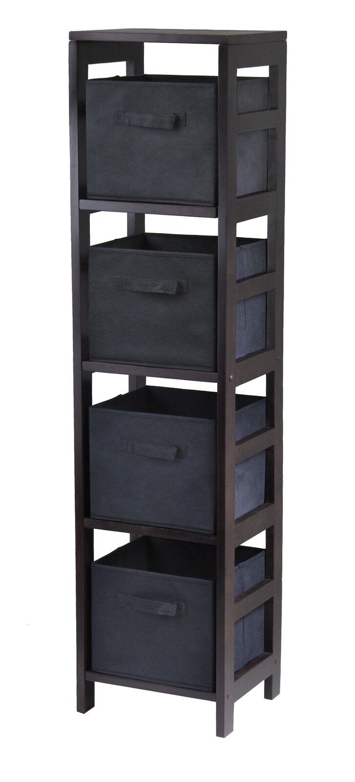 Contemporary Home Living 54.75" Black Unique Capri 4-Section Storage Shelf with 4 Foldable Black Fabric Baskets