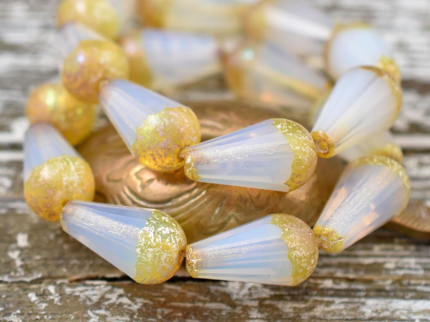 *4* 8x15mm Antique Silver Washed Milky Crystal Picasso Faceted Drop Beads