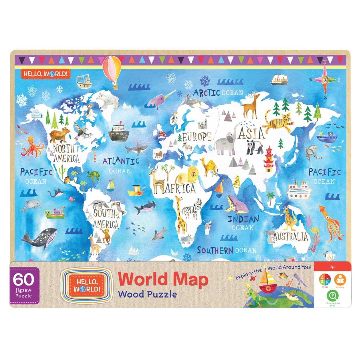 Masterpieces   60 Piece Kids Jigsaw Puzzle - Hello, World! Map Wood Puzzle