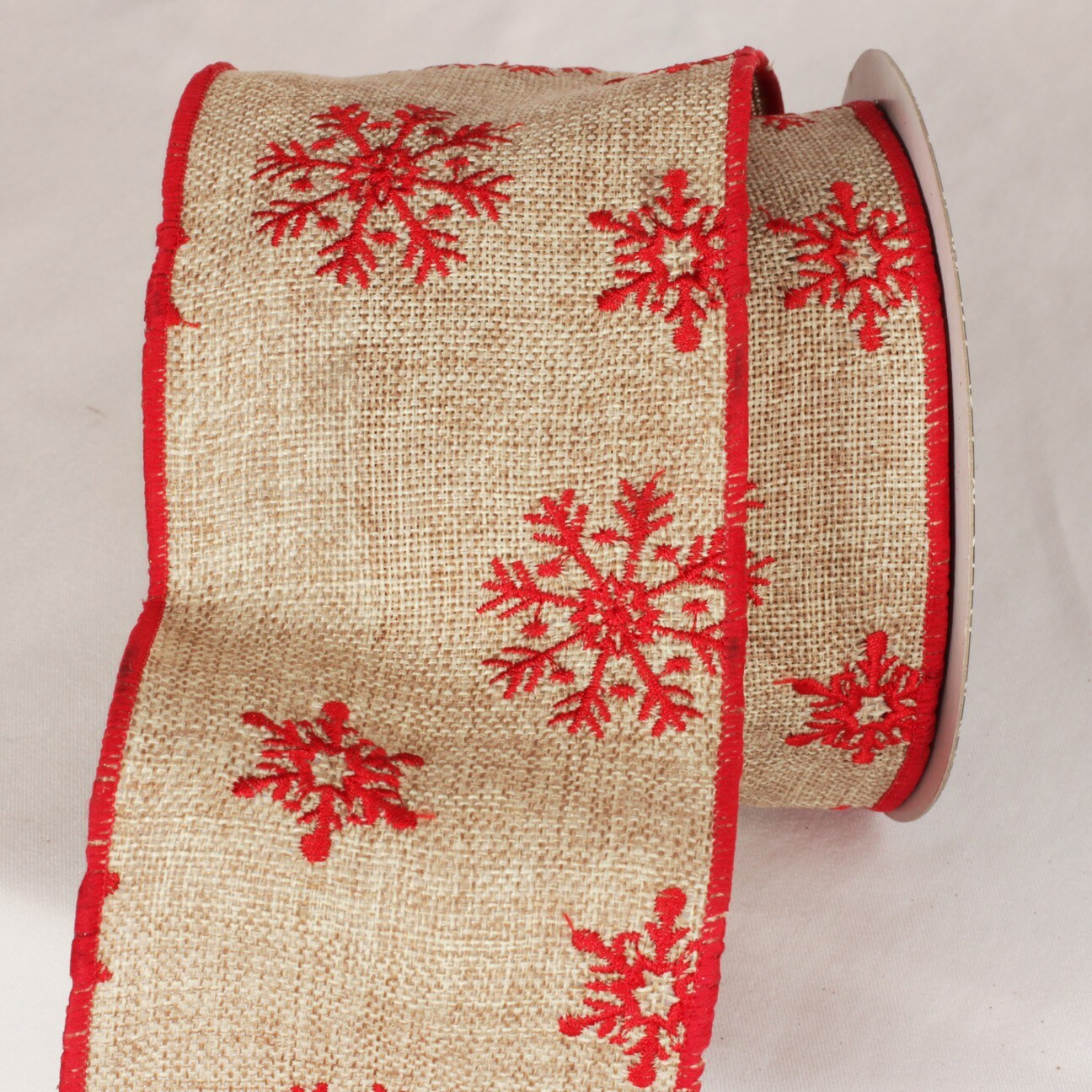 The Ribbon People Natural Red and Beige Burlap Snowflake Wired Craft Ribbon 4" x 10 Yards