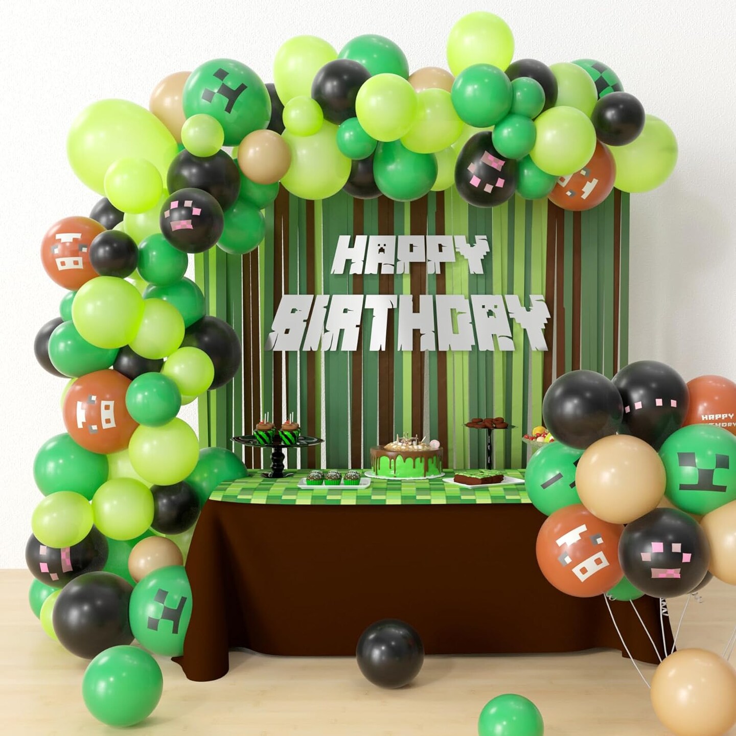 Miner Crafting Birthday Party Supplies - 115 Pcs Miner Crafting Balloon Garland Arch Kit, Green Brown Balloon Arch Decorations For Video Game Theme Miner Crafting Party Decorations Backdrop