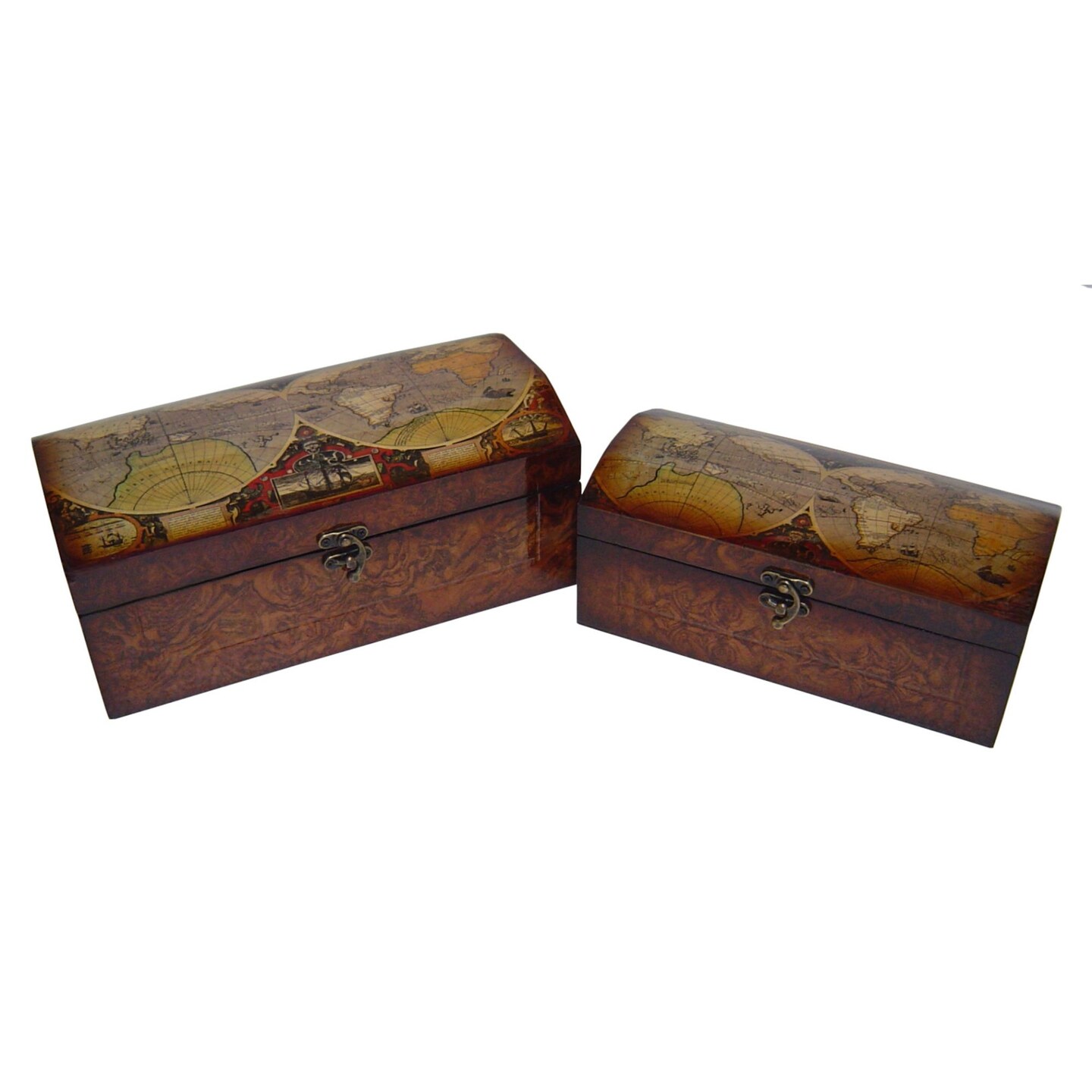 Contemporary Home Living Set of 2 Vintage Round Top Wooden Map Themed Storage Boxes 11.5&#x22;