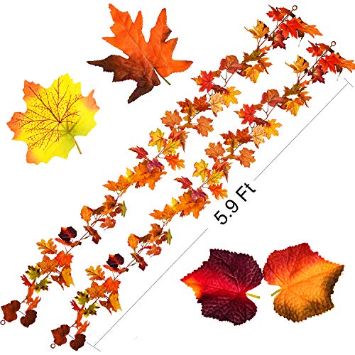 2 Pack Fall Garland Maple Leaf, 5.9Ft/Piece Hanging Vine Garland Artificial Autumn Foliage Garland Thanksgiving Decor for Home Wedding Fireplace Party Christmas