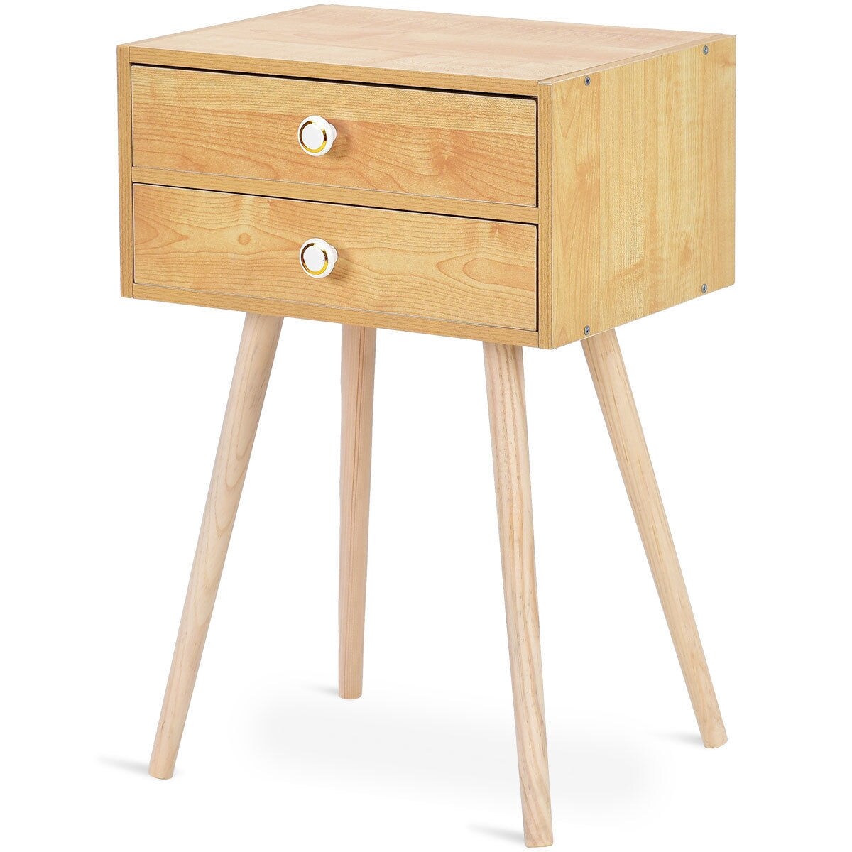 Modern Floor Standing 2 Drawers Nightstand with Wooden Legs and Golden Knob