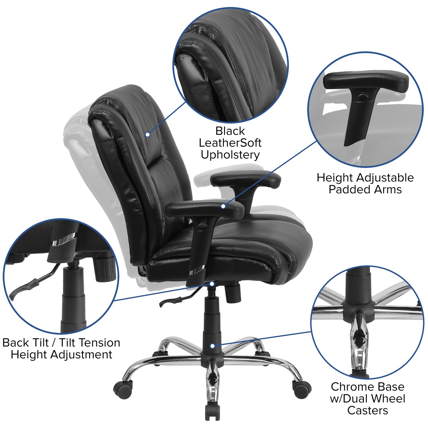 Emma and Oliver Big & Tall 400 lb. Rated Leather Swivel Ergonomic Task Office Chair with Chrome Base and Adjustable Arms