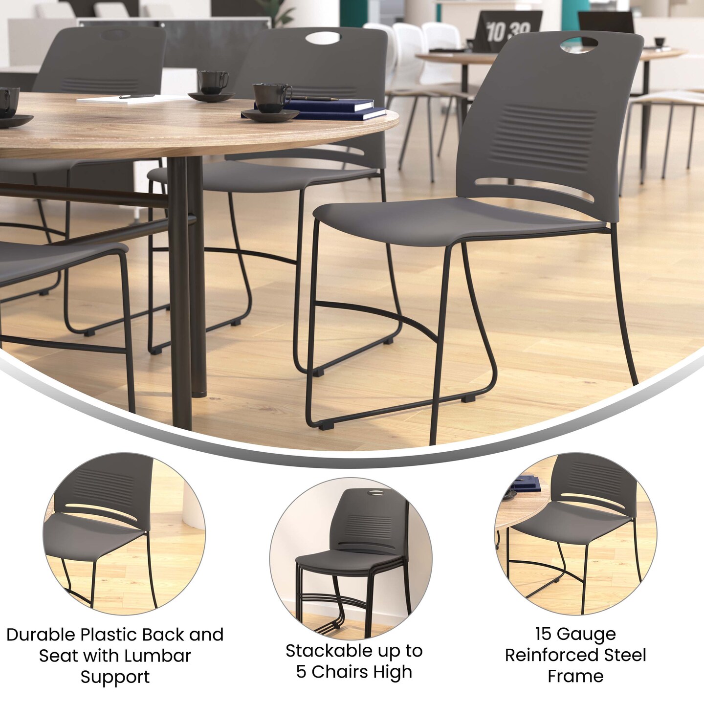 Emma and Oliver Arcana Series Set of 5 Heavy Duty 660 lb. Capacity Ergonomic Polypropylene Stack Chair with Perforated Back and Steel Sled Base