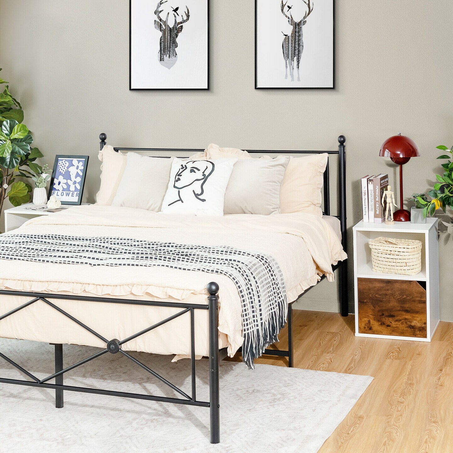 Set of 2 Side End Table Nightstands with Triangular Cut-Out Cabinet Door and Large Open Shelf