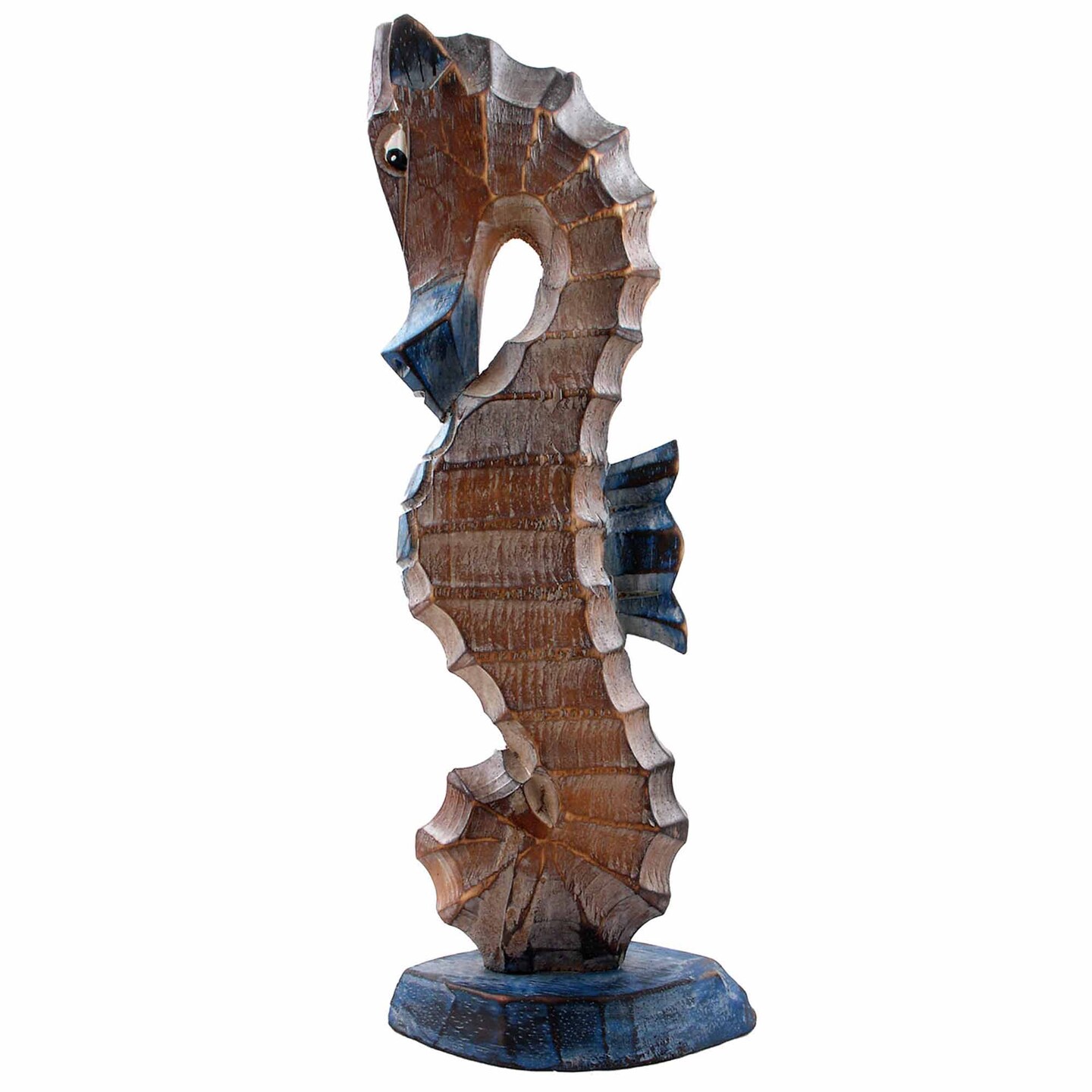 Stoneage Arts Inc 12&#x22; Blue and Brown Wooden Seahorse Statue