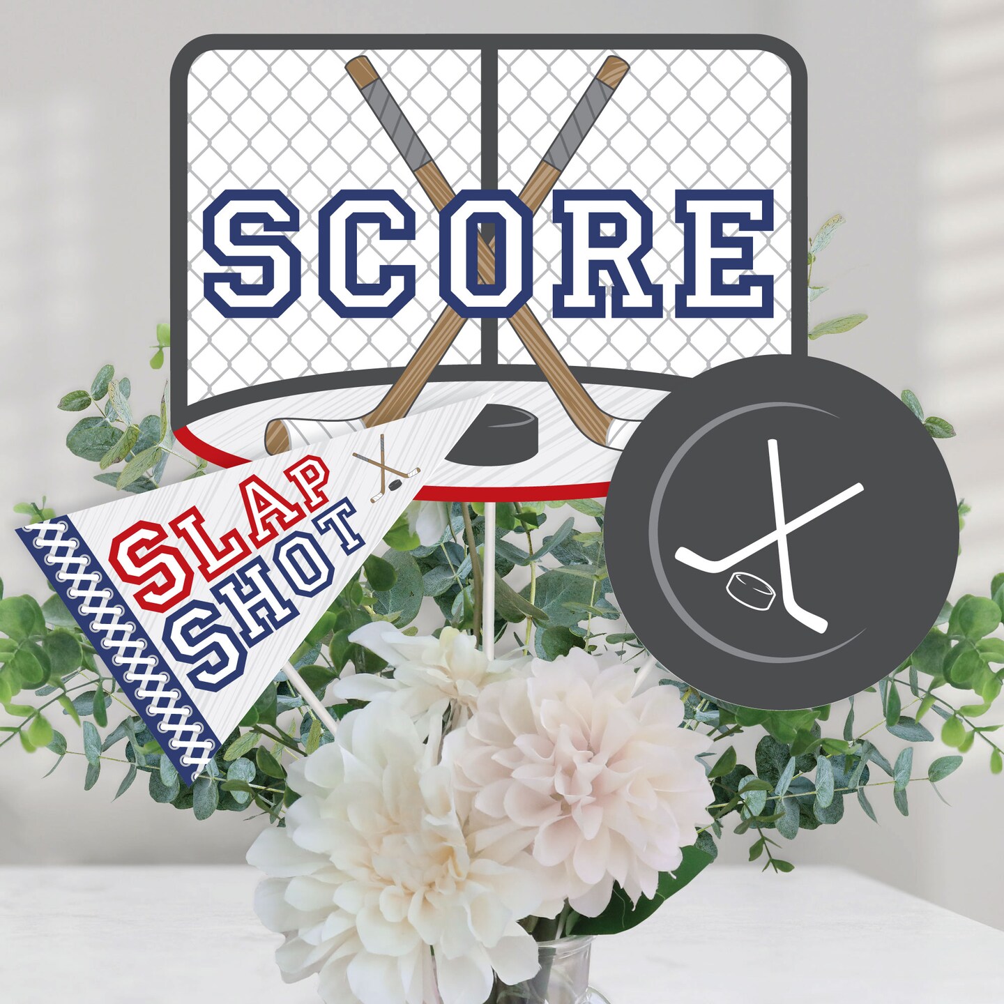 Big Dot of Happiness Shoots and Scores - Hockey - Baby Shower or Birthday Party Centerpiece Sticks - Table Toppers - Set of 15