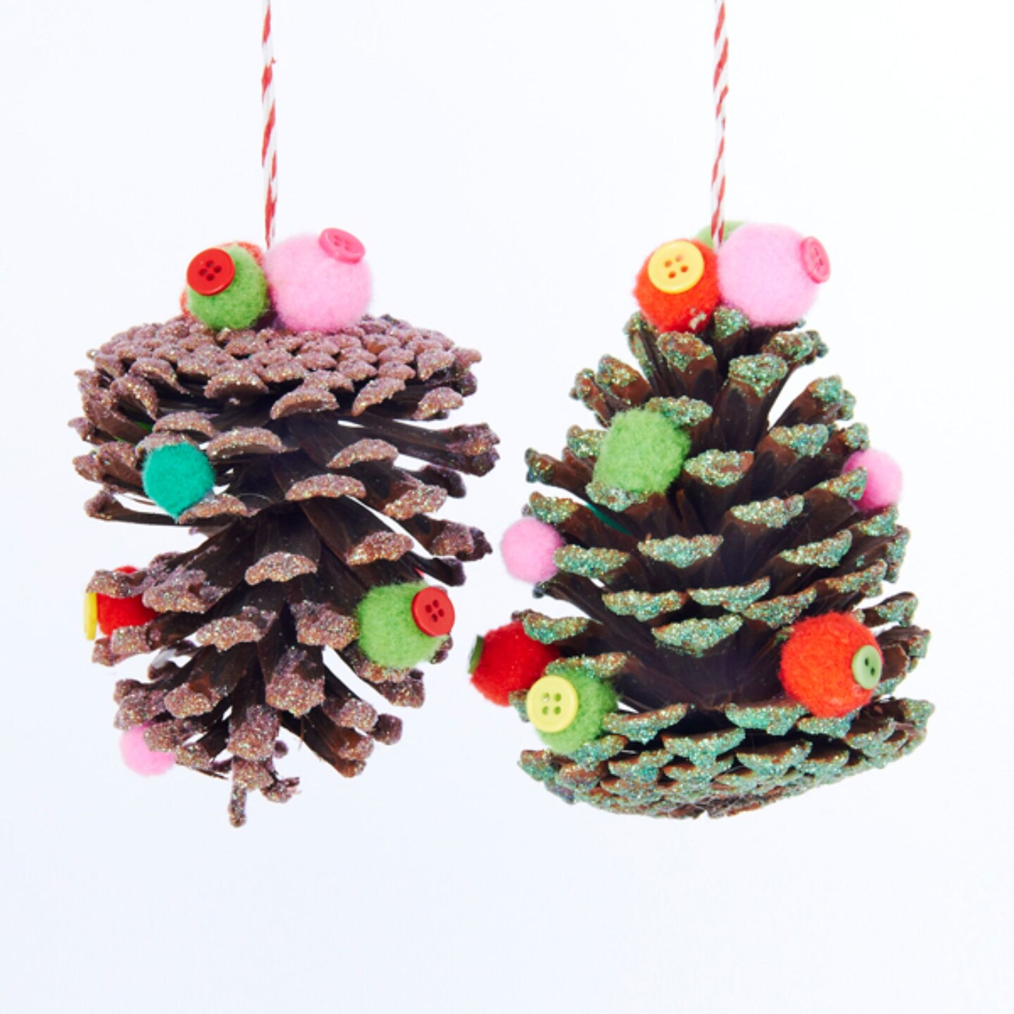 CC Christmas Decor Club Pack of 12 Pink and Green Pine Cone with Pom Poms and Buttons Christmas Ornaments 4.7&#x22;