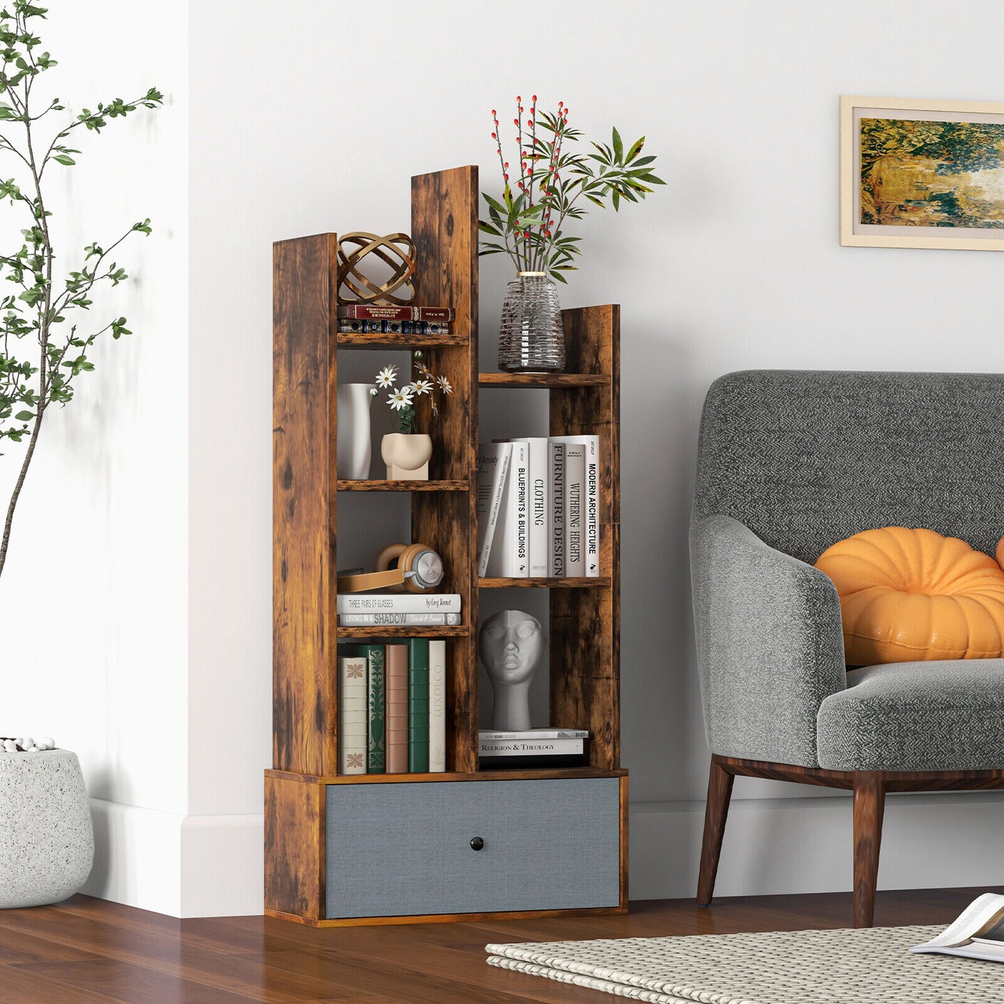 7-Tier Open-Back Bookshelf with Drawer