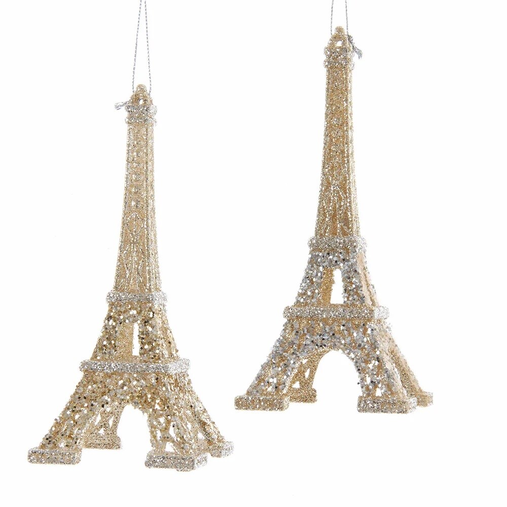 KSA Pack of 12 Gold and Silver Eiffel Tower Christmas Ornaments 5.75”