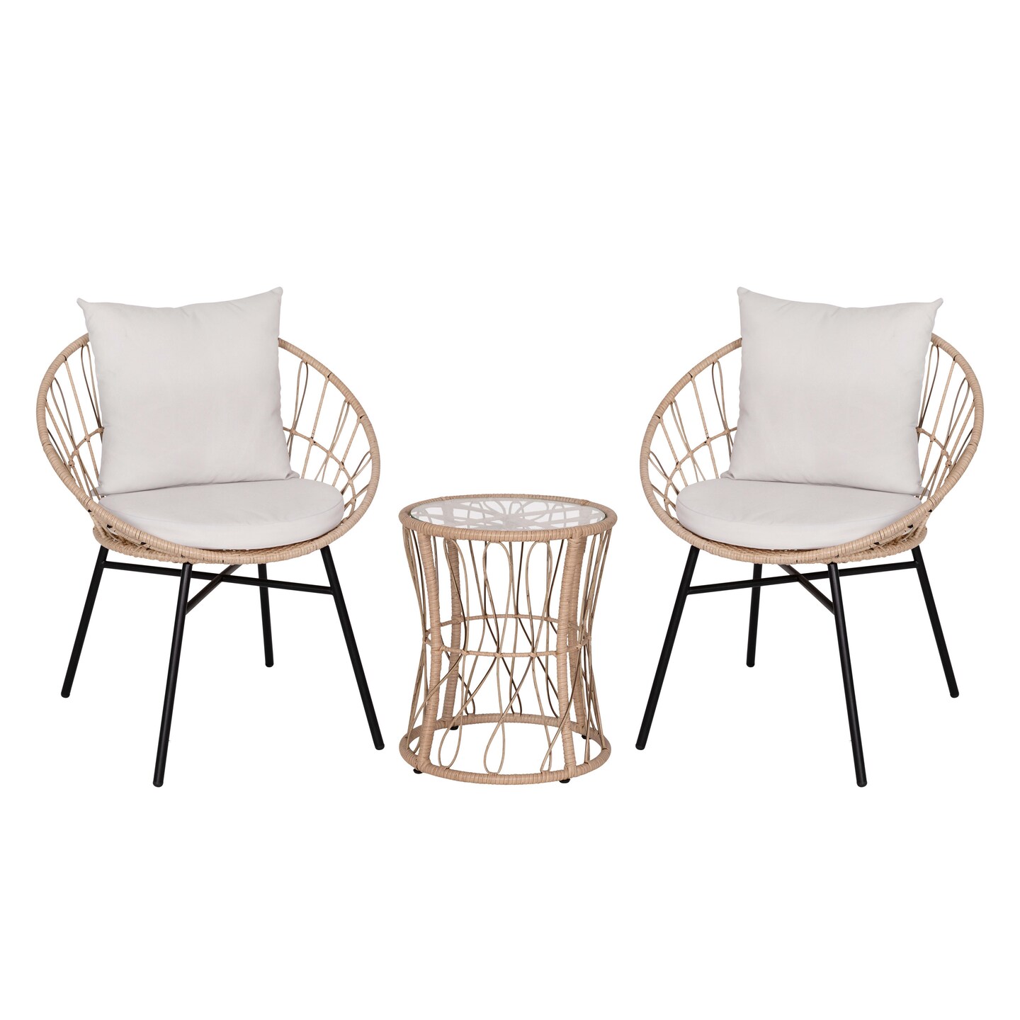 Merrick Lane Alma 3 Piece Patio Set with Rope Rattan Chairs, Matching Glass Top Side Table and Cushions for Indoor/Outdoor Use
