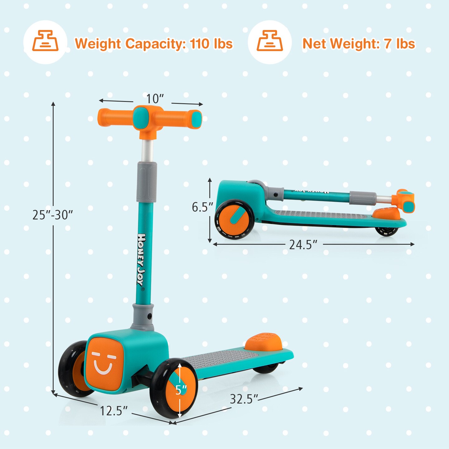 3 Adjustable Heights Foldable Kids Toy Scooter with LED Flashing Wheels Horn and 4 Emoji Covers