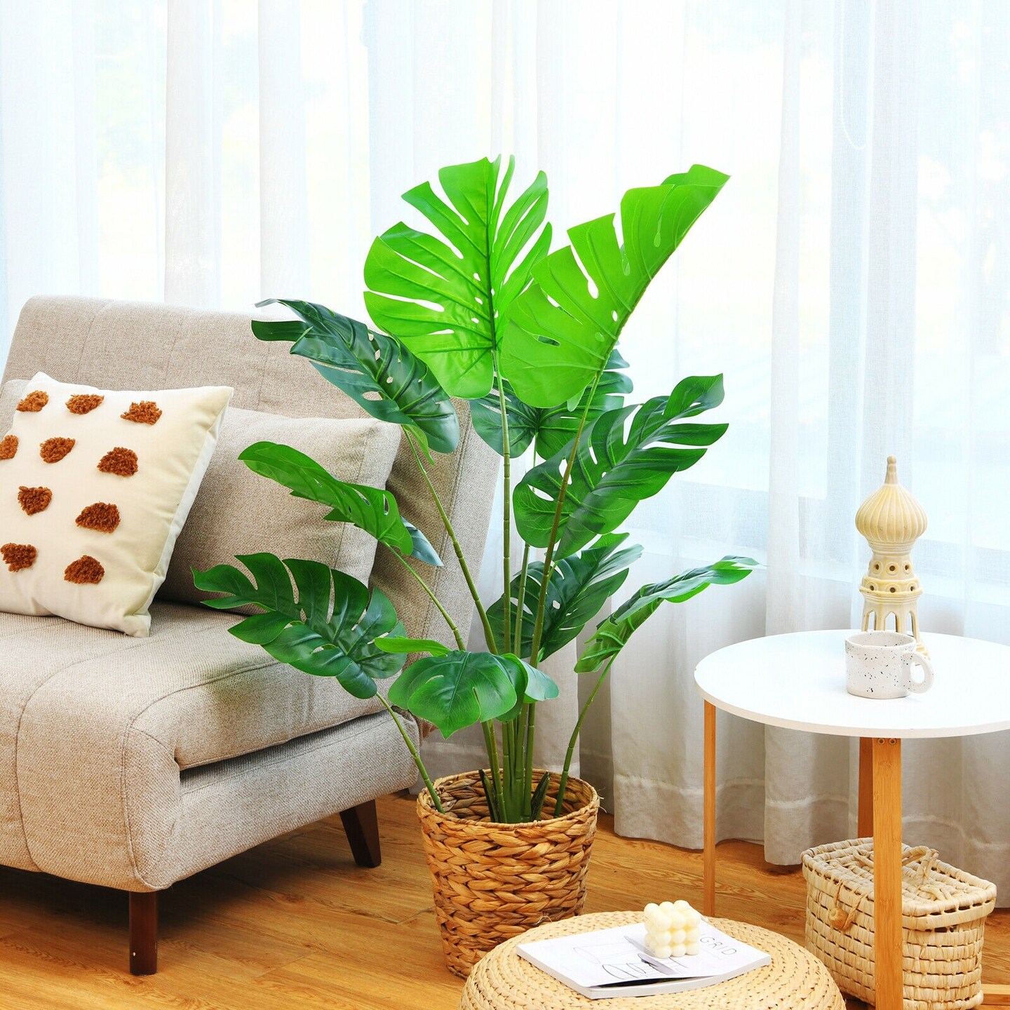 Artificial Monstera Tree 2 Pack Faux Floor Plant 4 Ft Potted Decor Green Black