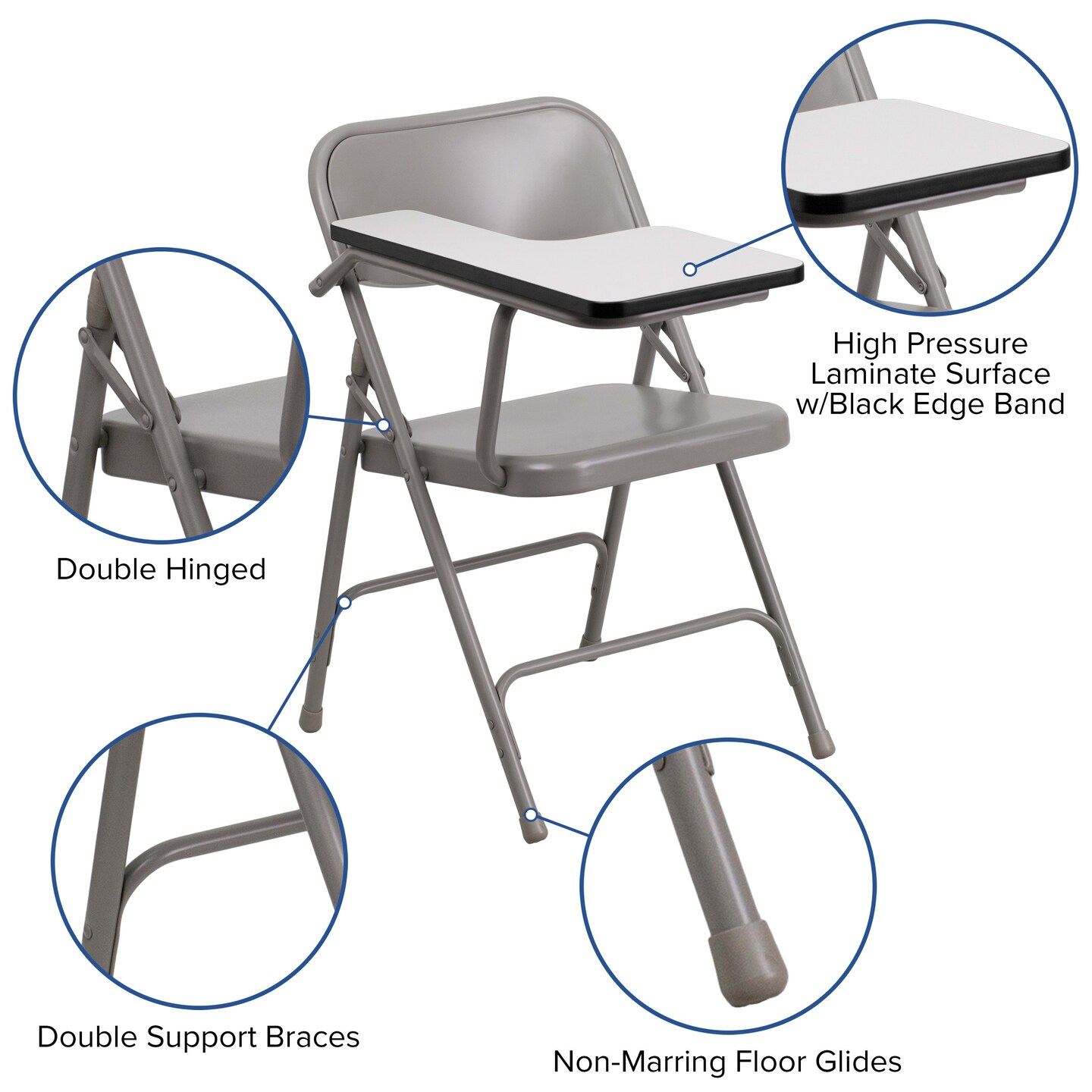 Emma and Oliver Premium Steel Folding Chair with Right Handed Tablet Arm - Event Chair
