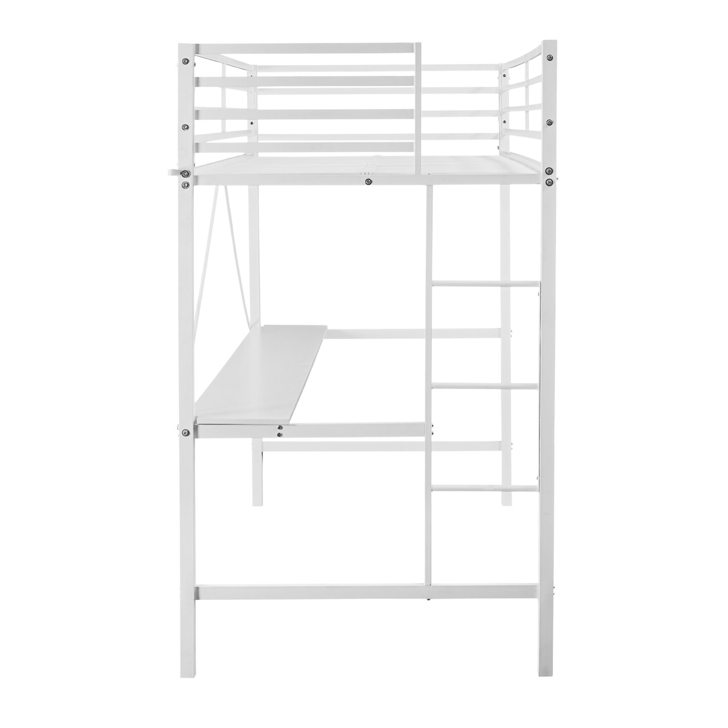 Emma and Oliver Jensen Metal Loft Bed Frame with Desk, Protective Guard Rails and Ladder for Kids, Teens and Adults