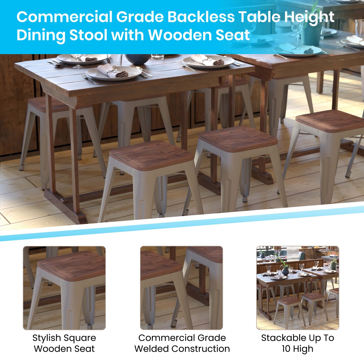 Emma and Oliver Set of Four Table Height Backless Stacking Welded Iron Stools with Wooden Seats and Under Seat Bracing for Indoor Use