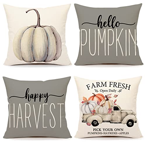 4TH Emotion Fall Decor Pillow Covers 18x18 Set of 4 Gray Pumpkin Farmhouse Decorations Happy Harvest Farm Truck Throw Cushion Case for Fall Thanksgiving Home Decorative Pillows S22F22
