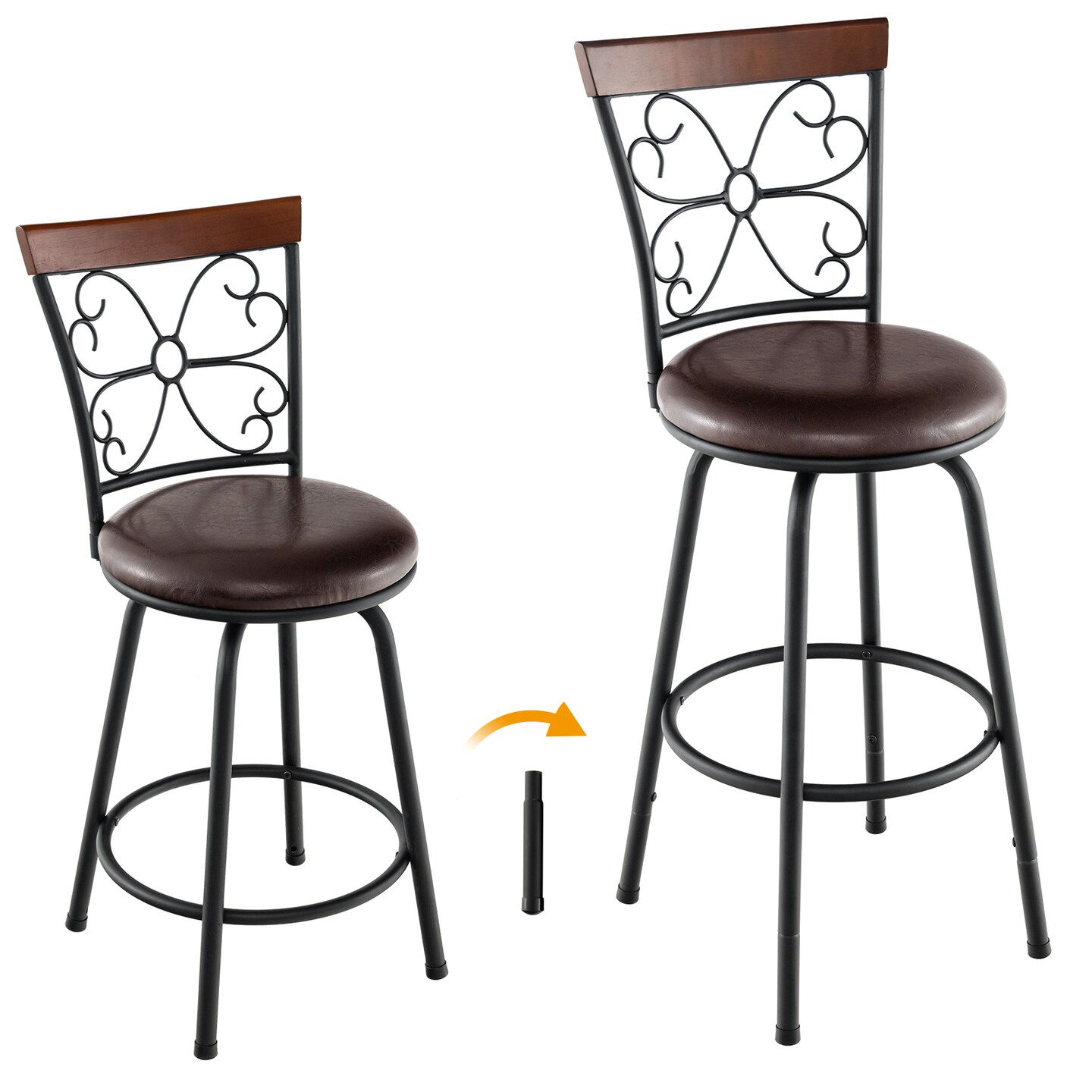 2 Pieces 24-Inch Adjustable PU Cushioned Swivel Barstools with 4 Additional Leg Tubes