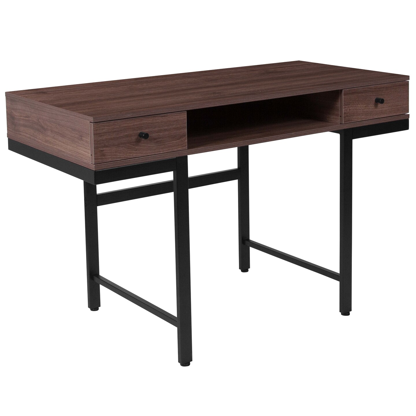 Merrick Lane Bridgewater Wood Grain Computer Desk with Metal Offset Legs and Frame and Two Drawers with Drawer Pulls