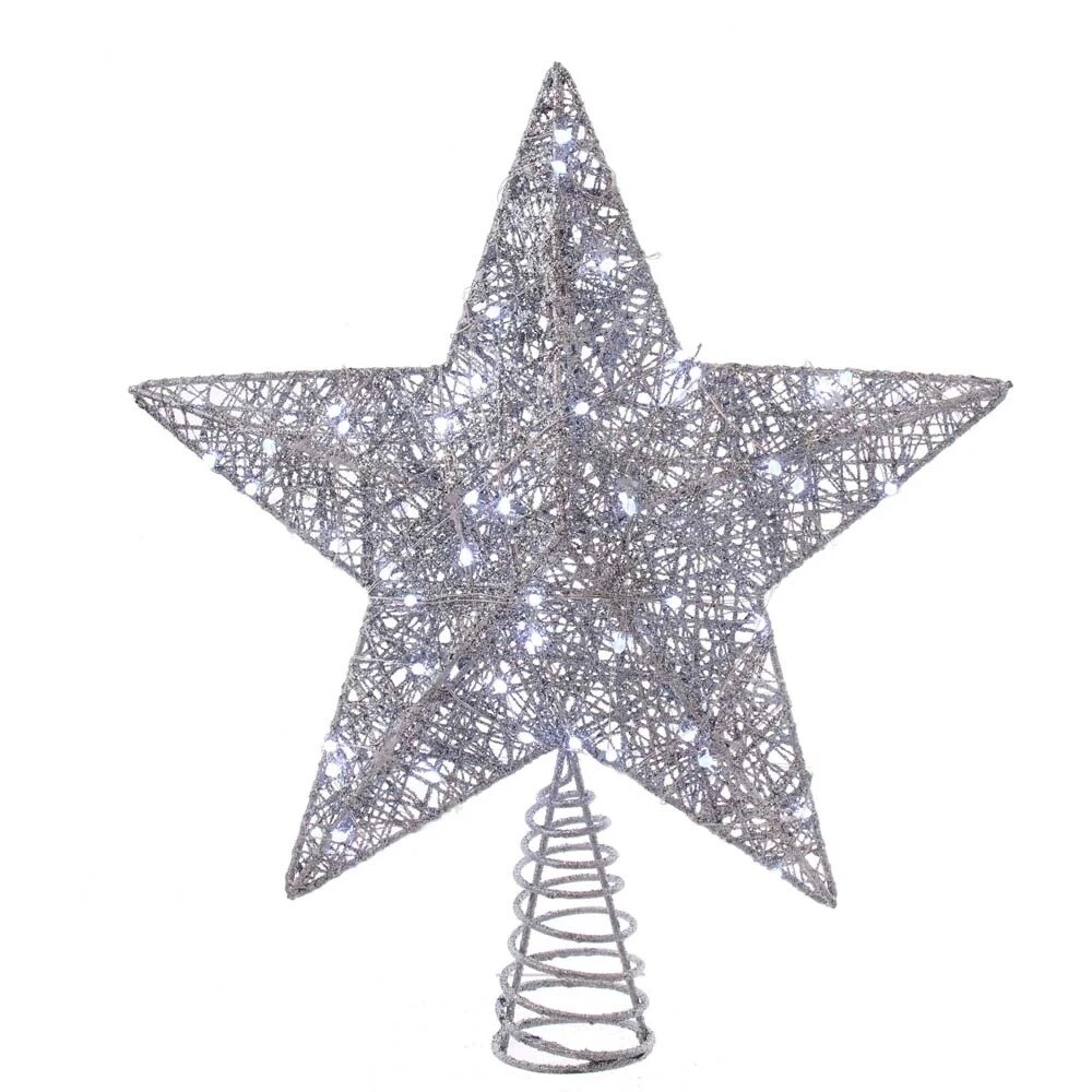 KSA 15.5" Lighted LED Silver Glittered Star Christmas Tree Topper, Cool