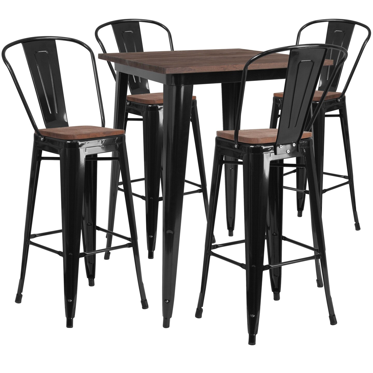 Emma and Oliver 31.5&#x22; Square Metal/Wood Bar Table Set - 4 Stools