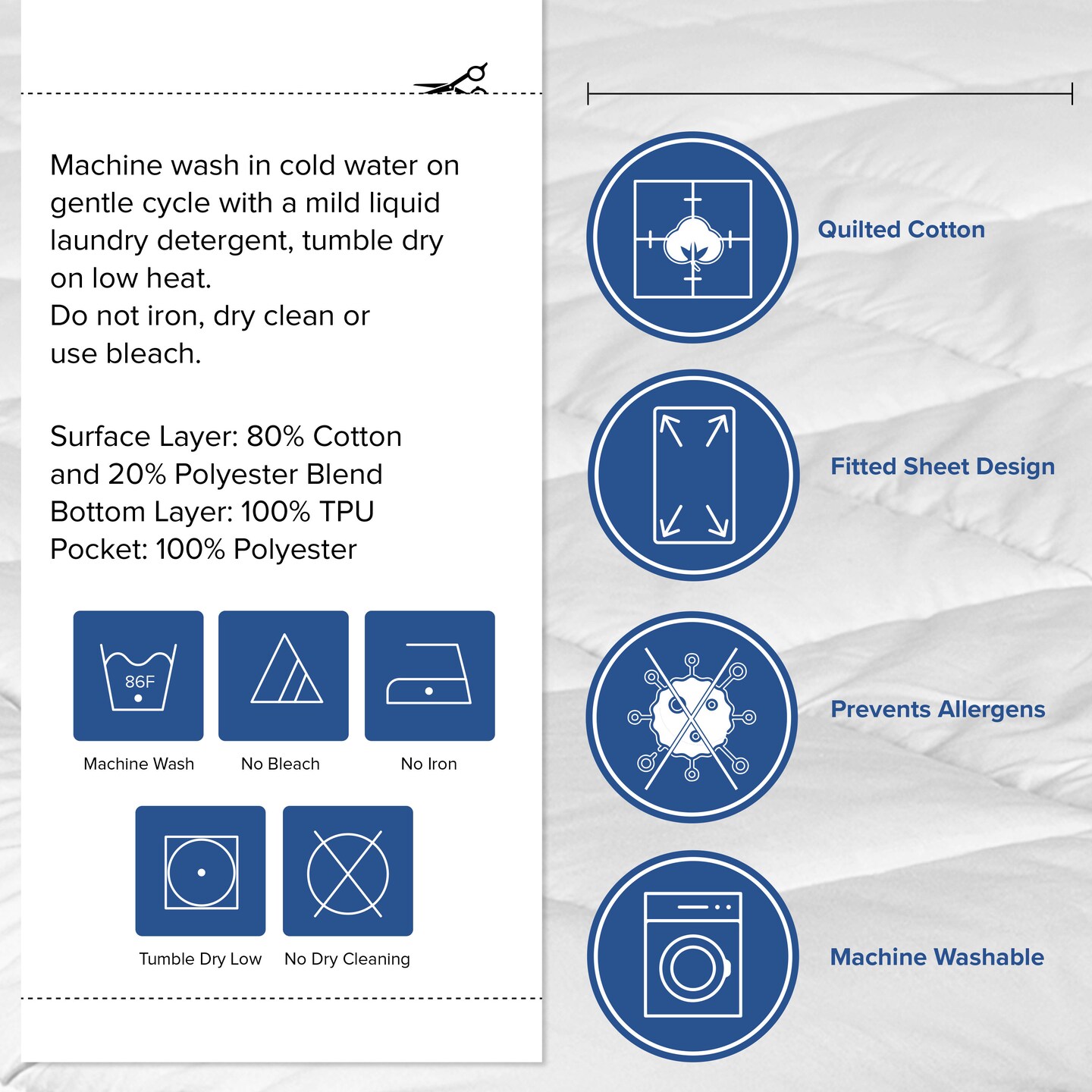 Emma and Oliver Hypoallergenic Mattress Pad with Deep Pockets and Quilted Cotton Top